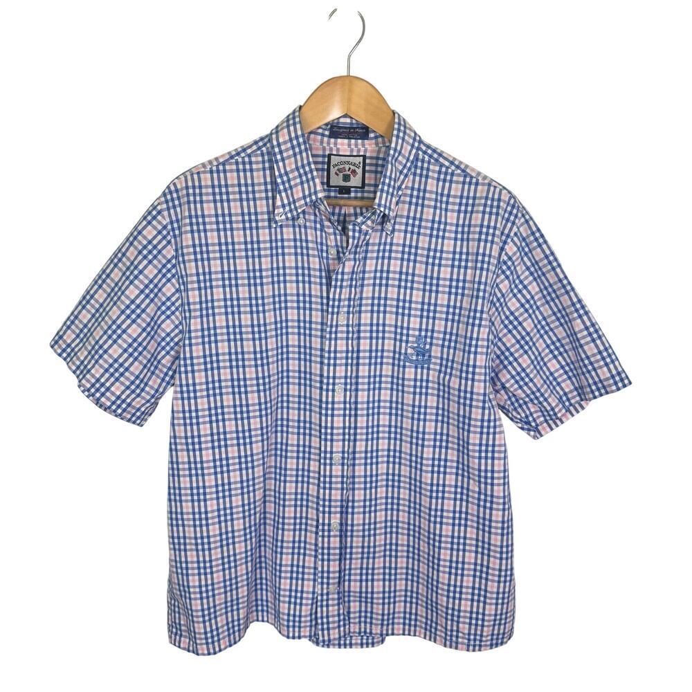 FACONNABLE‎ Preppy Blue Pink Plaid Cotton Short Sleeve Button-Up Shirt Men's L